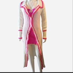 Women's Size L White Button Up Soft Knit Sweater Maxi Dress W/ Hot Pink Trim